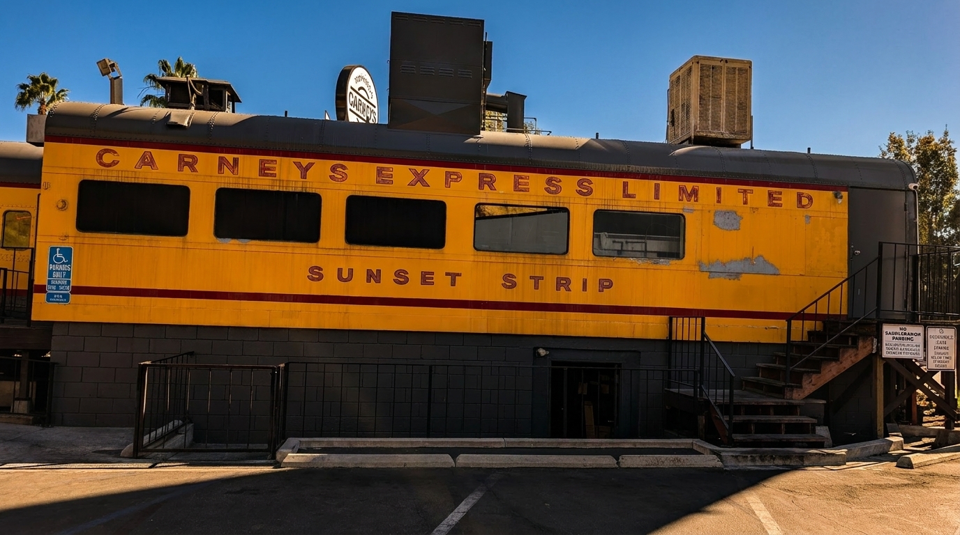 Carney's Express Limited restaurant, a bright yellow train car with "Sunset Strip" painted on its side.