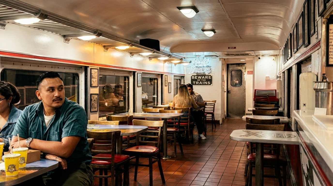 Diners seated inside a train car restaurant with a "Beware of the Trains" sign.