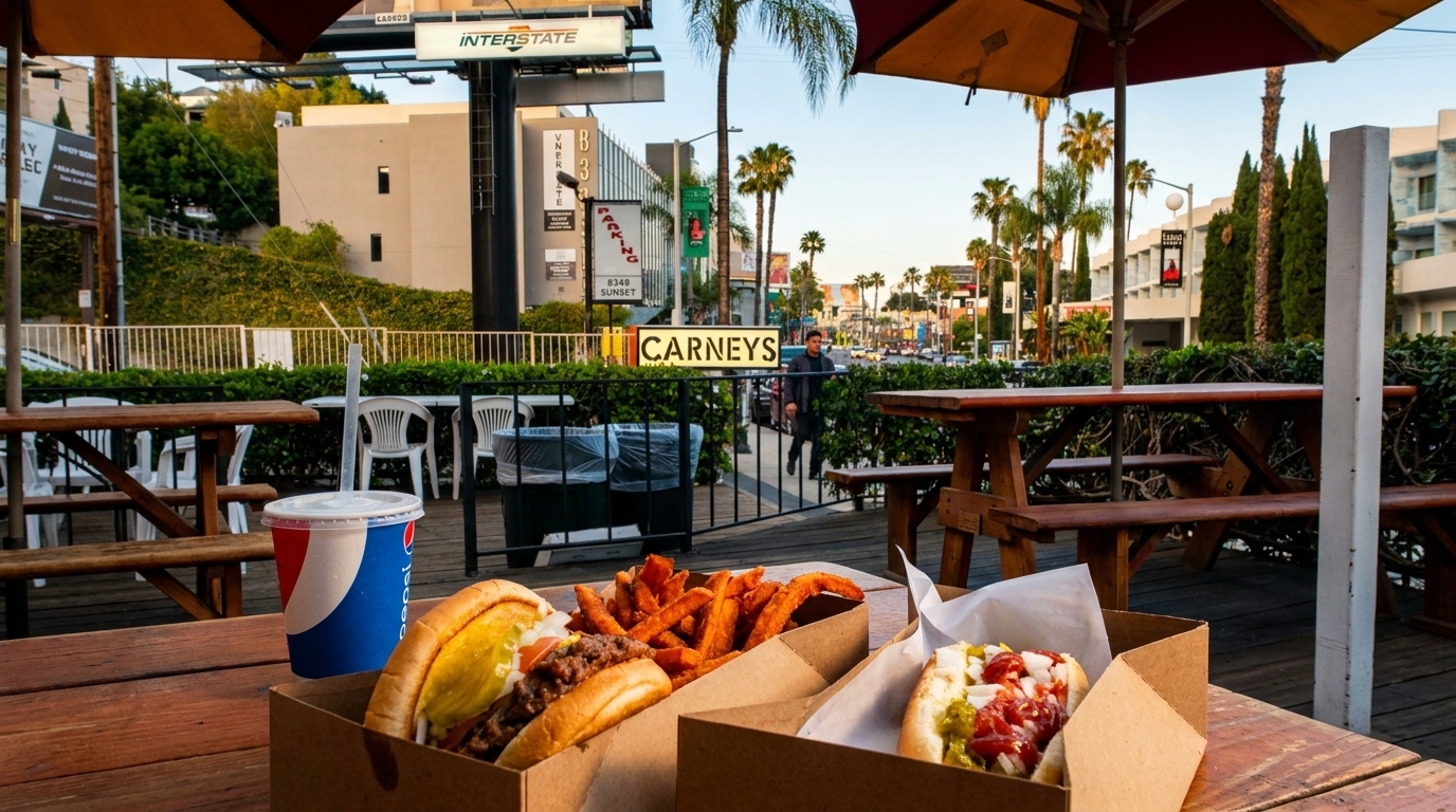 Carney's restaurant patio with a burger, fries, hot dog, and soda on a wooden table.