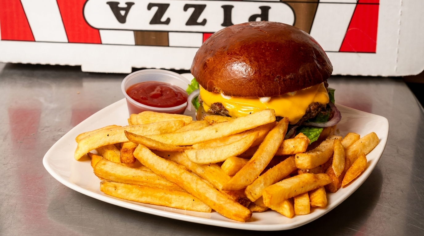 Cheeseburger with fries and ketchup on a white plate, with a pizza box in the background.