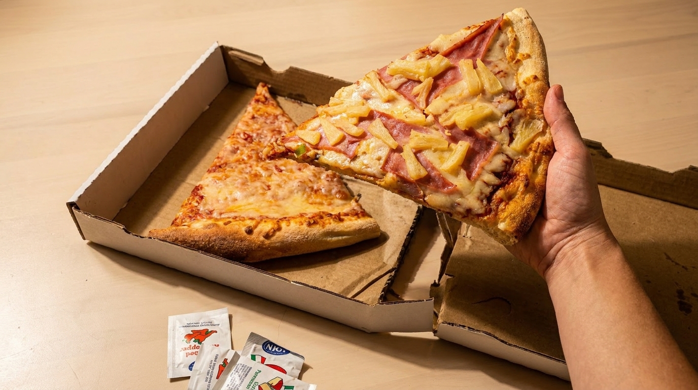A hand holds a slice of Hawaiian pizza over a box with a cheese pizza slice and condiment packets.