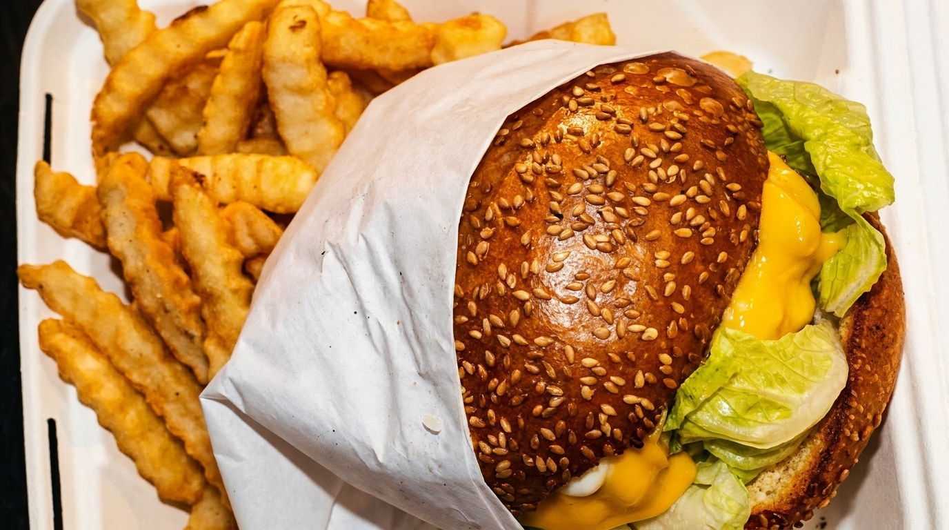 A burger with cheese, lettuce, and sesame seed bun, partially wrapped in paper, with crinkle-cut fries.