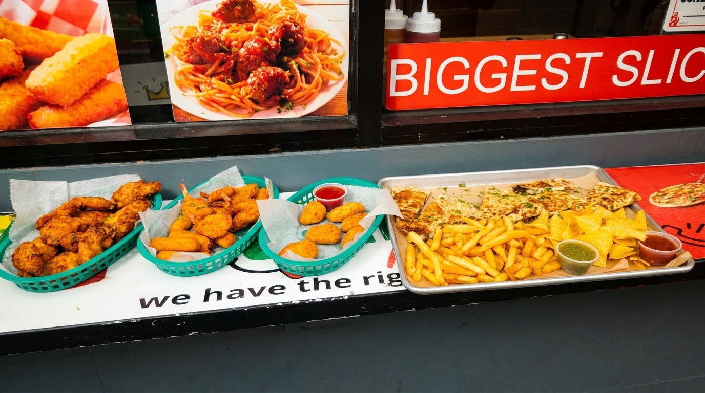 Restaurant window display with fried chicken, shrimp, nuggets, fries, quesadillas, and nachos.