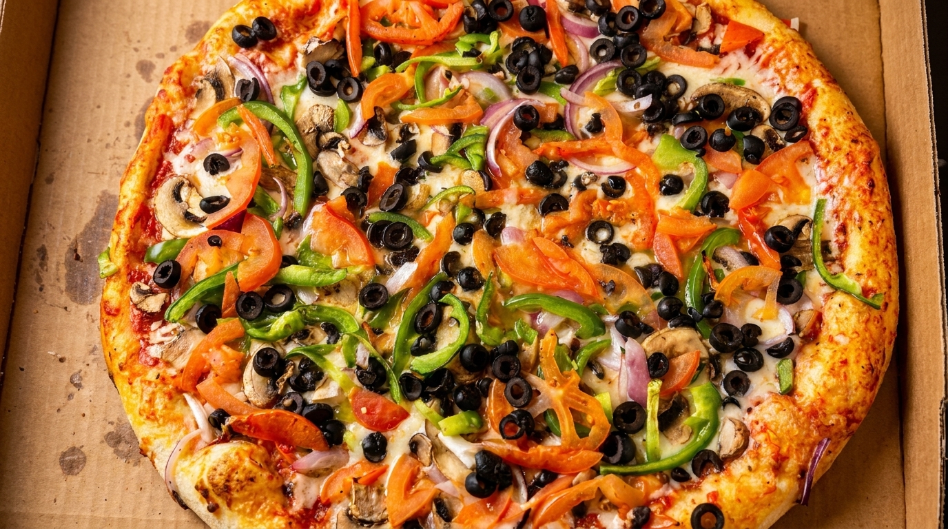 A vibrant supreme pizza, loaded with olives, bell peppers, tomatoes, mushrooms, and onions in a box.