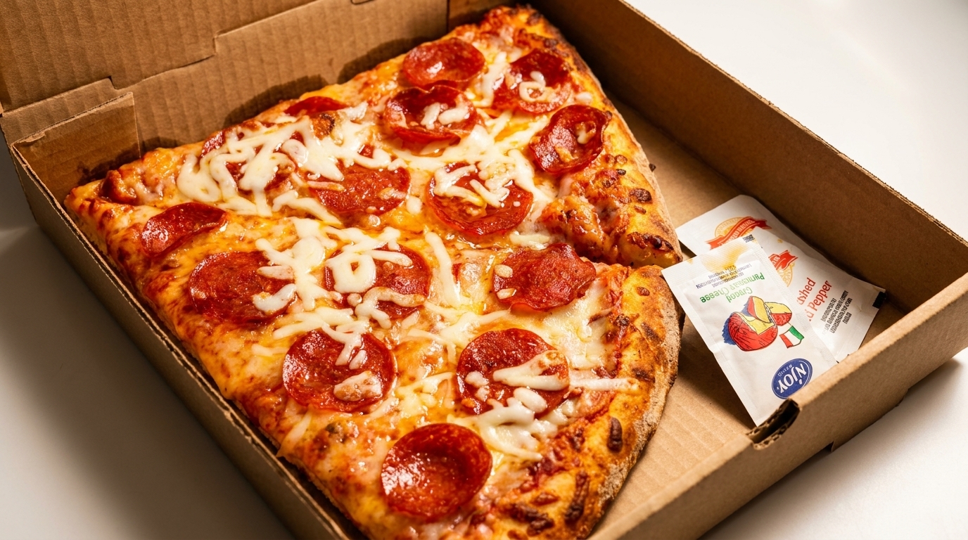 Two slices of pepperoni pizza with melted cheese in a cardboard box with seasoning packets.