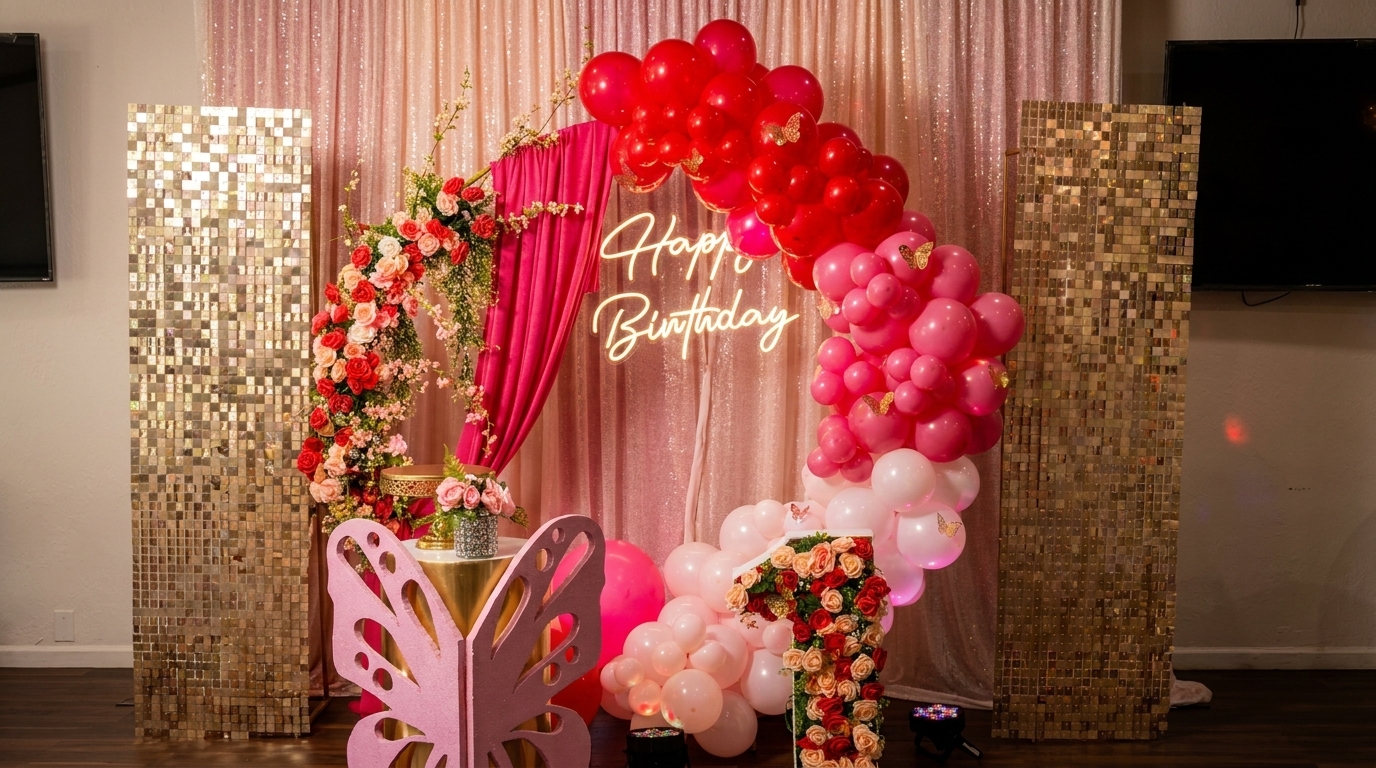 A pink and red balloon arch with a "Happy Birthday" neon sign and floral decorations.
