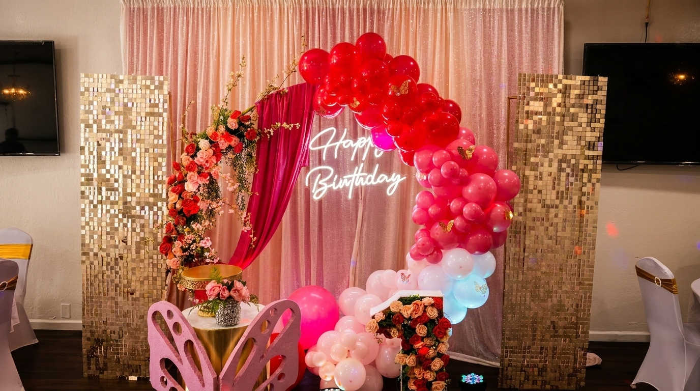 A vibrant birthday party setup with a "Happy Birthday" neon sign, balloons, and floral decorations.