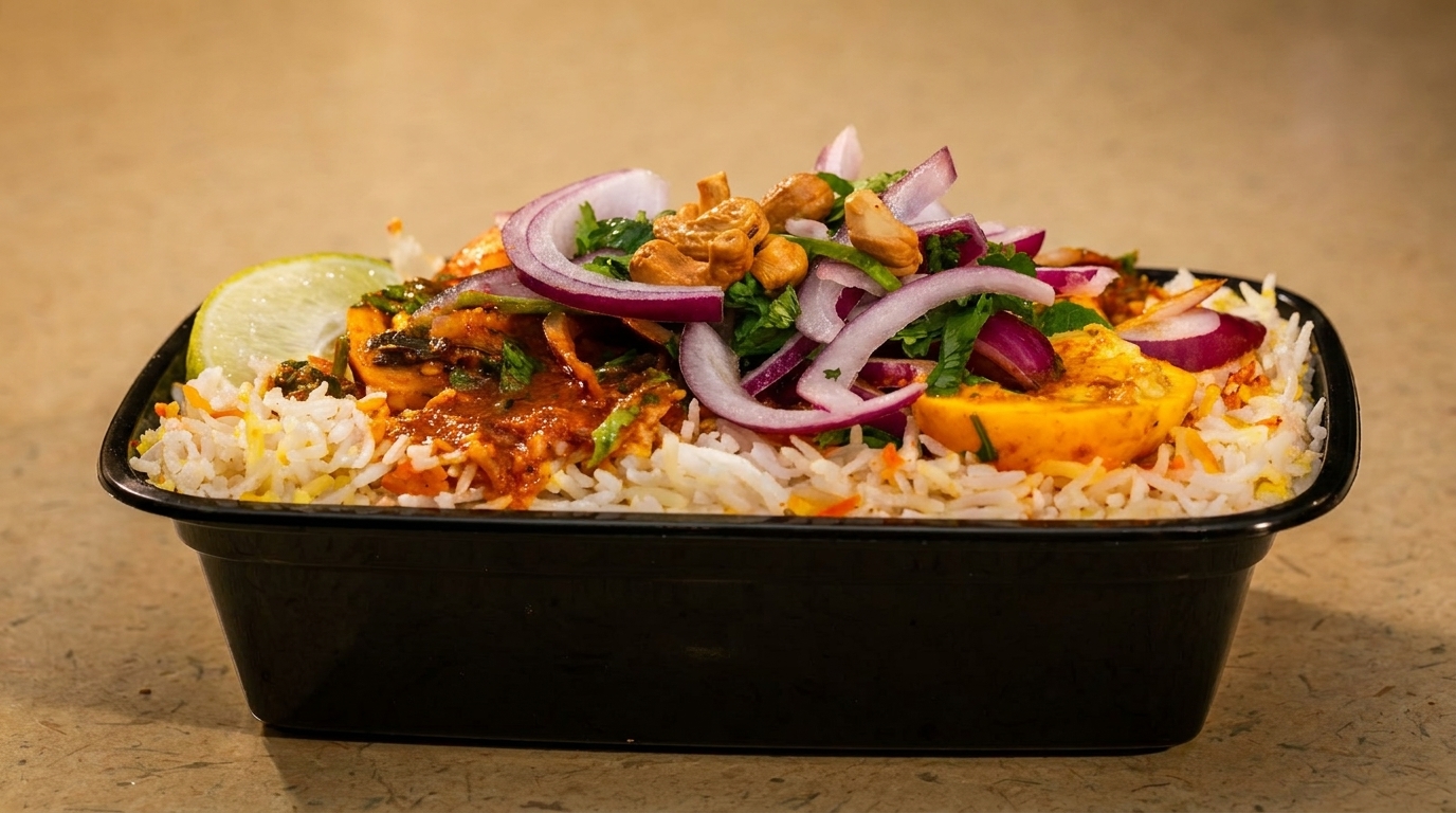 Biryani with rice, red onions, cashews, and a lime wedge in a black container.