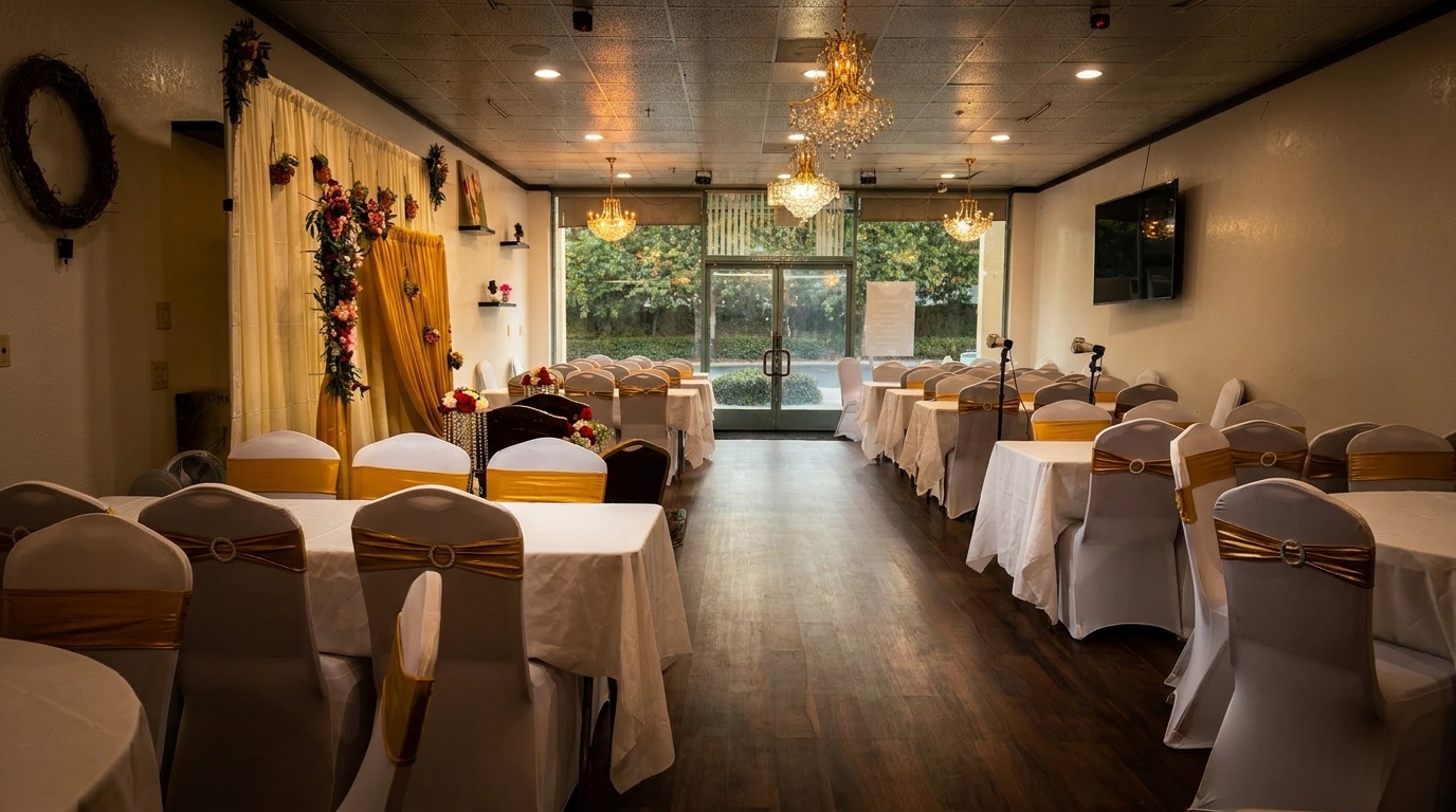 An empty restaurant dining room set up for an event with white tablecloths and gold chair sashes.