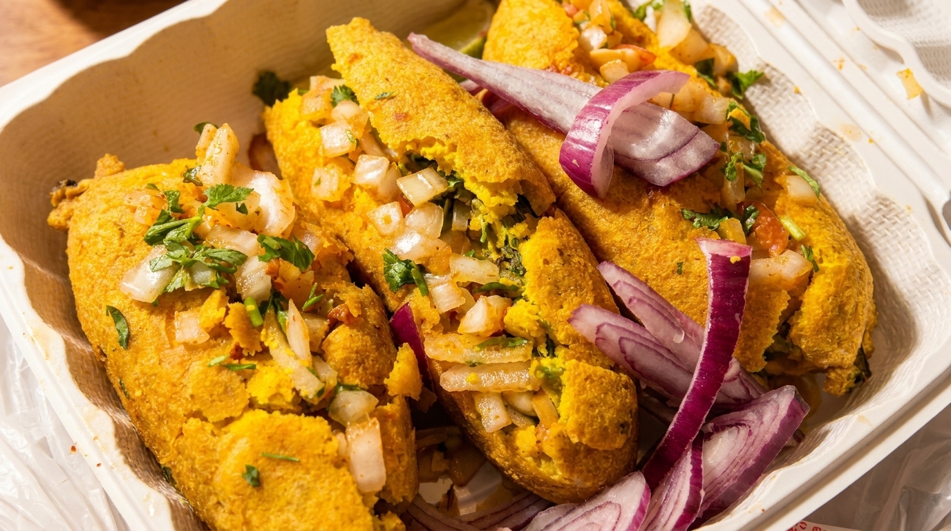 Three golden fried plantain canoes filled with diced onions, cilantro, and red onion slices.