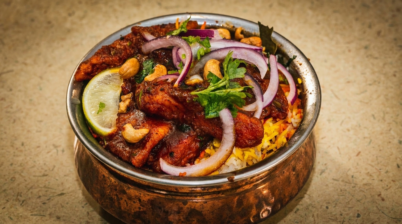 Chicken biryani in a copper pot, garnished with red onions, cashews, cilantro, and a lime wedge.