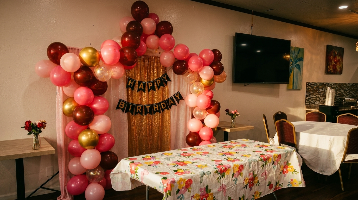 A restaurant dining room decorated for a birthday party with balloons and a "Happy Birthday" banner.