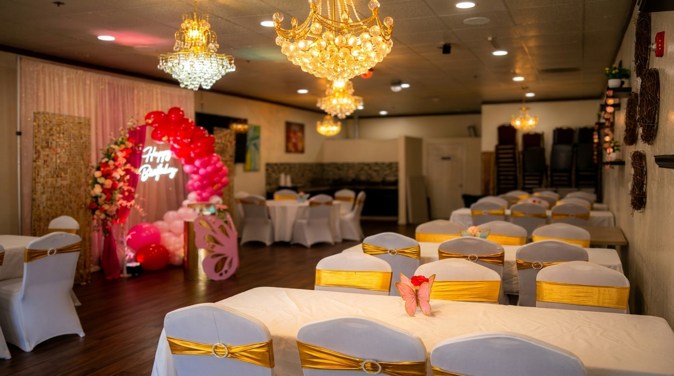 A banquet hall with white tables and chairs with gold sashes, decorated for a birthday party.