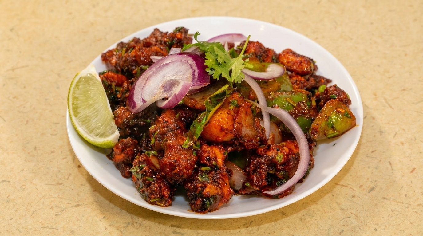 A plate of spicy chicken chili with red onions, green peppers, and a lime wedge.