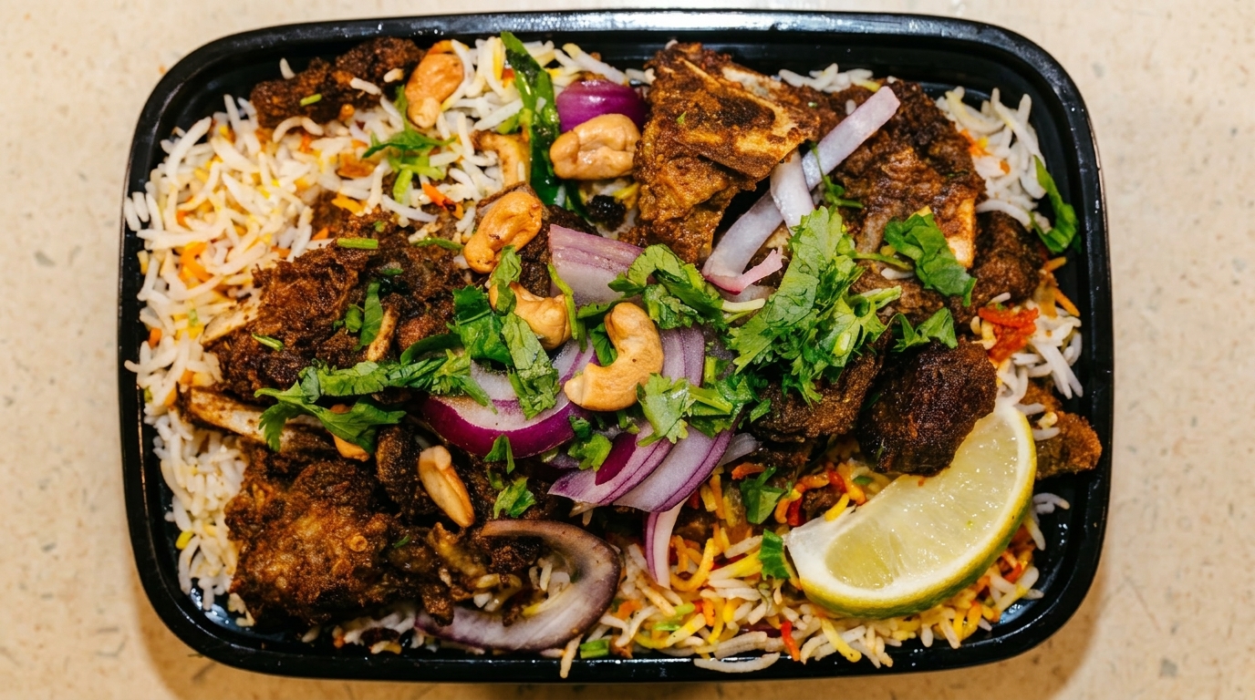 A black container filled with biryani, topped with meat, cashews, red onions, cilantro, and a lime wedge.
