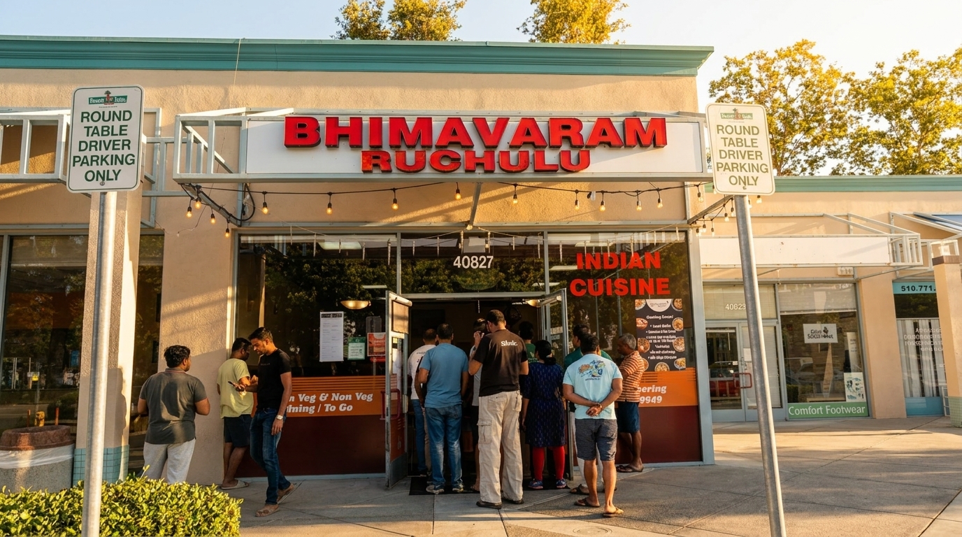People queue outside Bhimavaram Ruchulu, an Indian cuisine restaurant, on a sunny day.