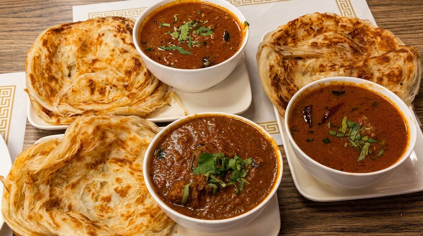 Three bowls of curry, two garnished with cilantro, served with three flaky parathas on white plates.