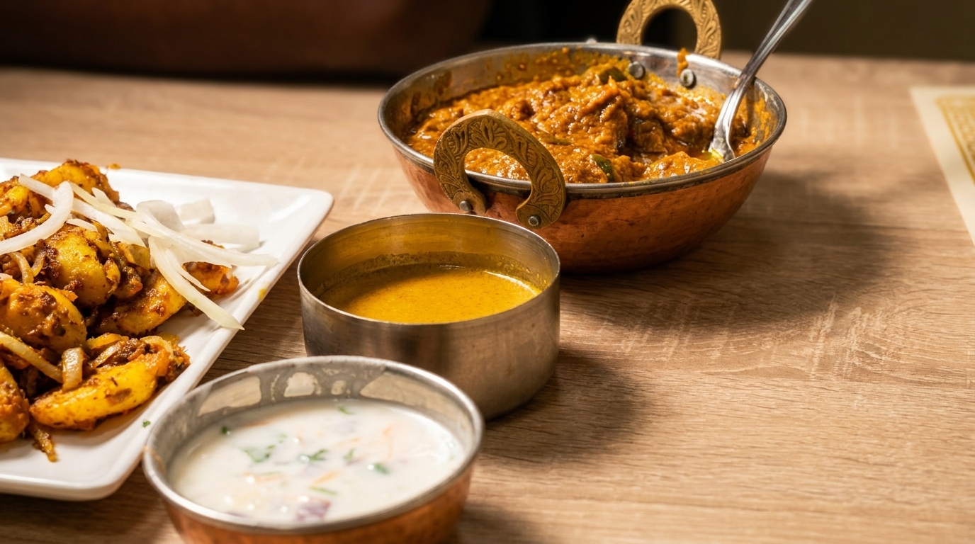 Indian dishes on a wooden table, including a copper bowl of curry, a plate of seasoned potatoes, and two small bowls of sauces.