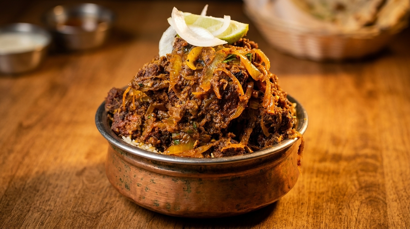 Close-up of a copper bowl filled with a rich, dark curry, topped with lime and onions.
