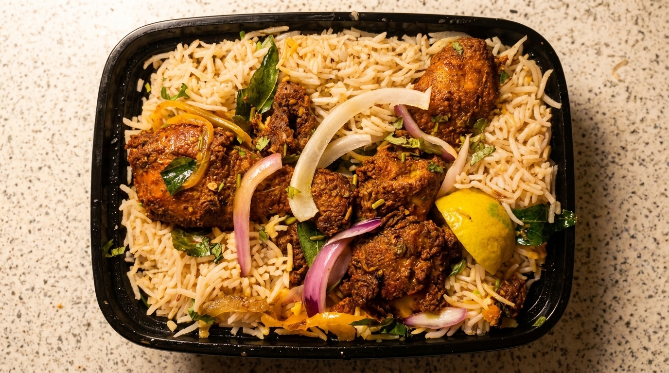 Chicken biryani with rice, onions, and a lemon wedge in a black takeout container.