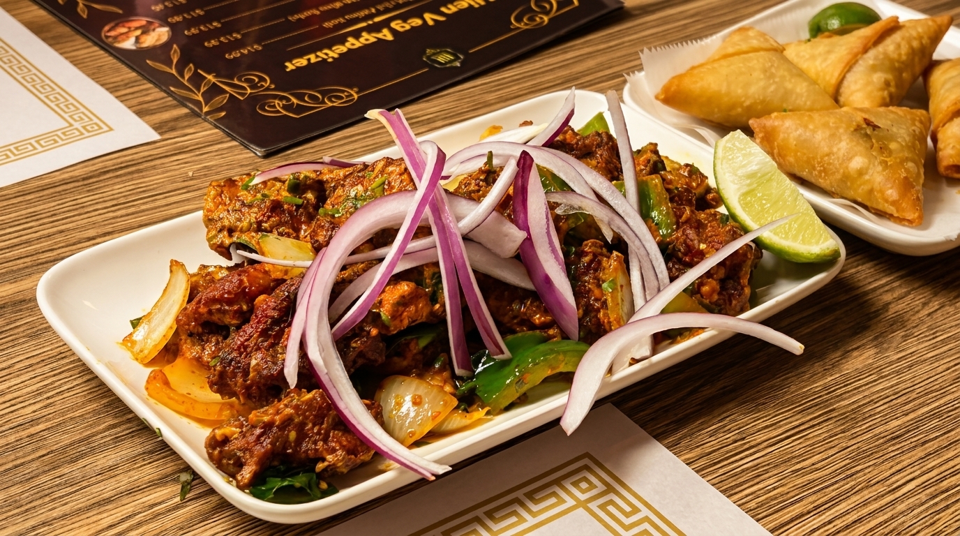 Spicy chicken dish with red onions and lime, next to samosas on a wooden table.