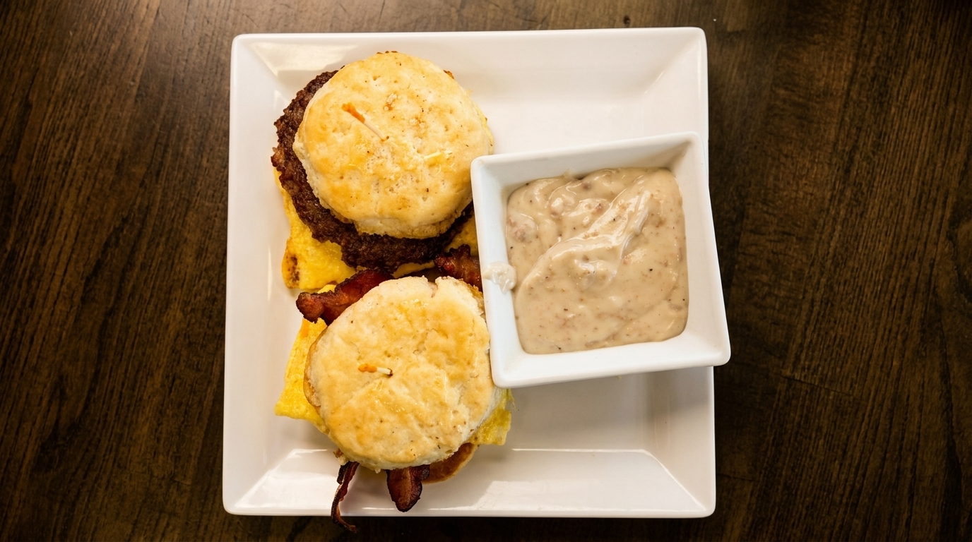 Two breakfast biscuit sandwiches with sausage, egg, and bacon, served with a side of gravy.