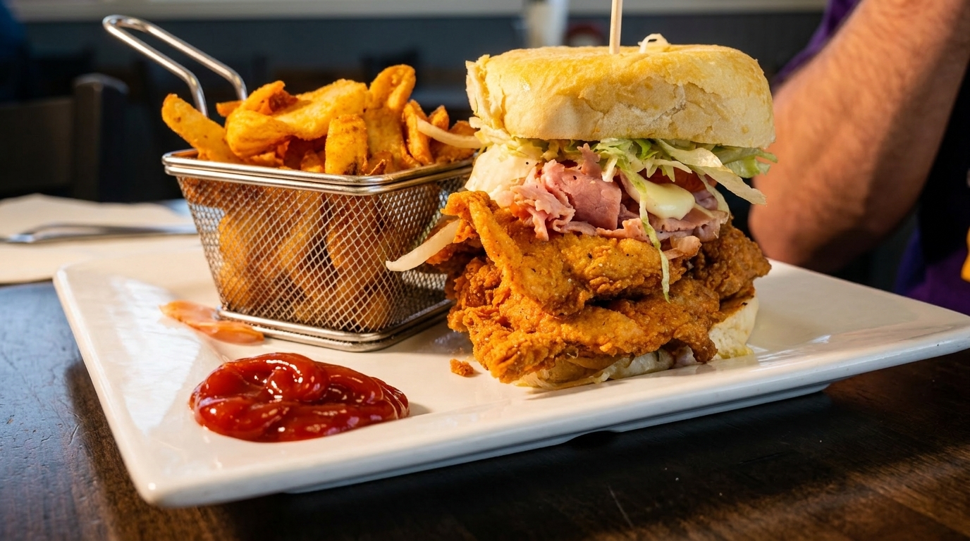A fried chicken sandwich with ham, lettuce, and tomato, served with fries and ketchup.