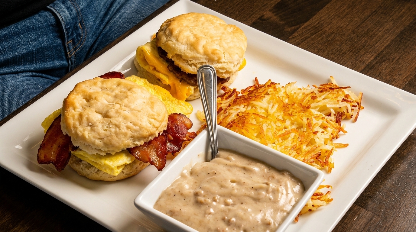 Breakfast plate with two biscuit sandwiches, hash browns, and a side of gravy.