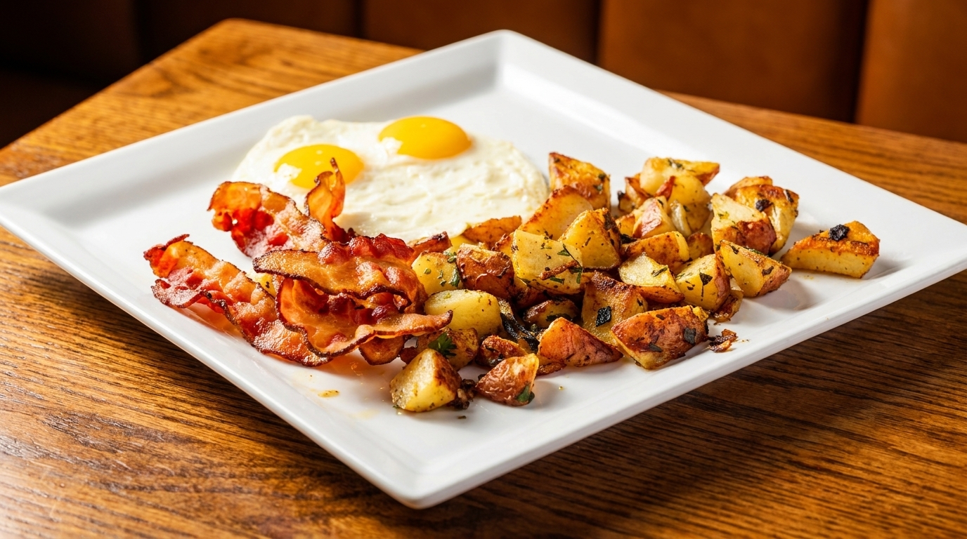 A breakfast plate with two fried eggs, crispy bacon strips, and seasoned roasted potatoes on a wooden table.
