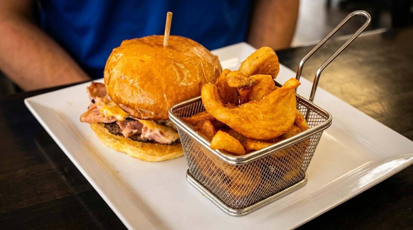 Gourmet burger with melted cheese and ham, served with a side of crispy seasoned potato wedges.