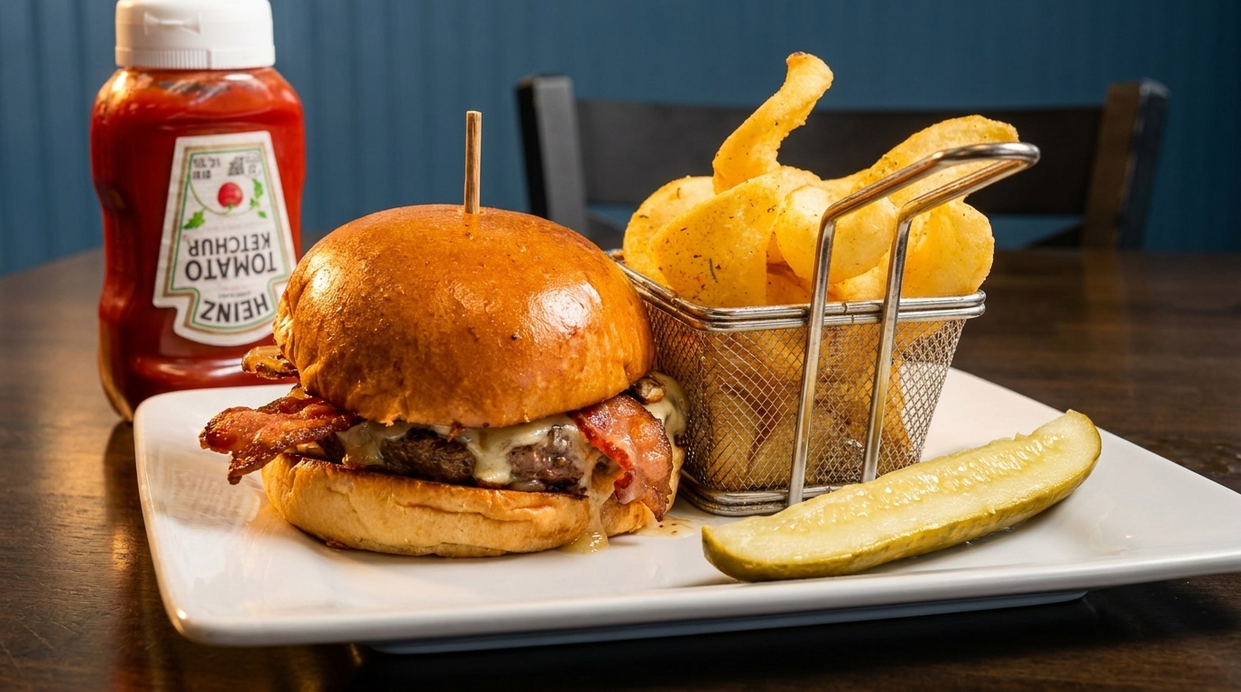 A bacon cheeseburger with curly fries in a metal basket, a pickle spear, and ketchup bottle.