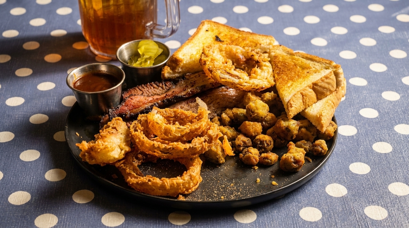 A black plate of barbecue brisket, fried okra, onion rings, and Texas toast on a polka dot tablecloth.