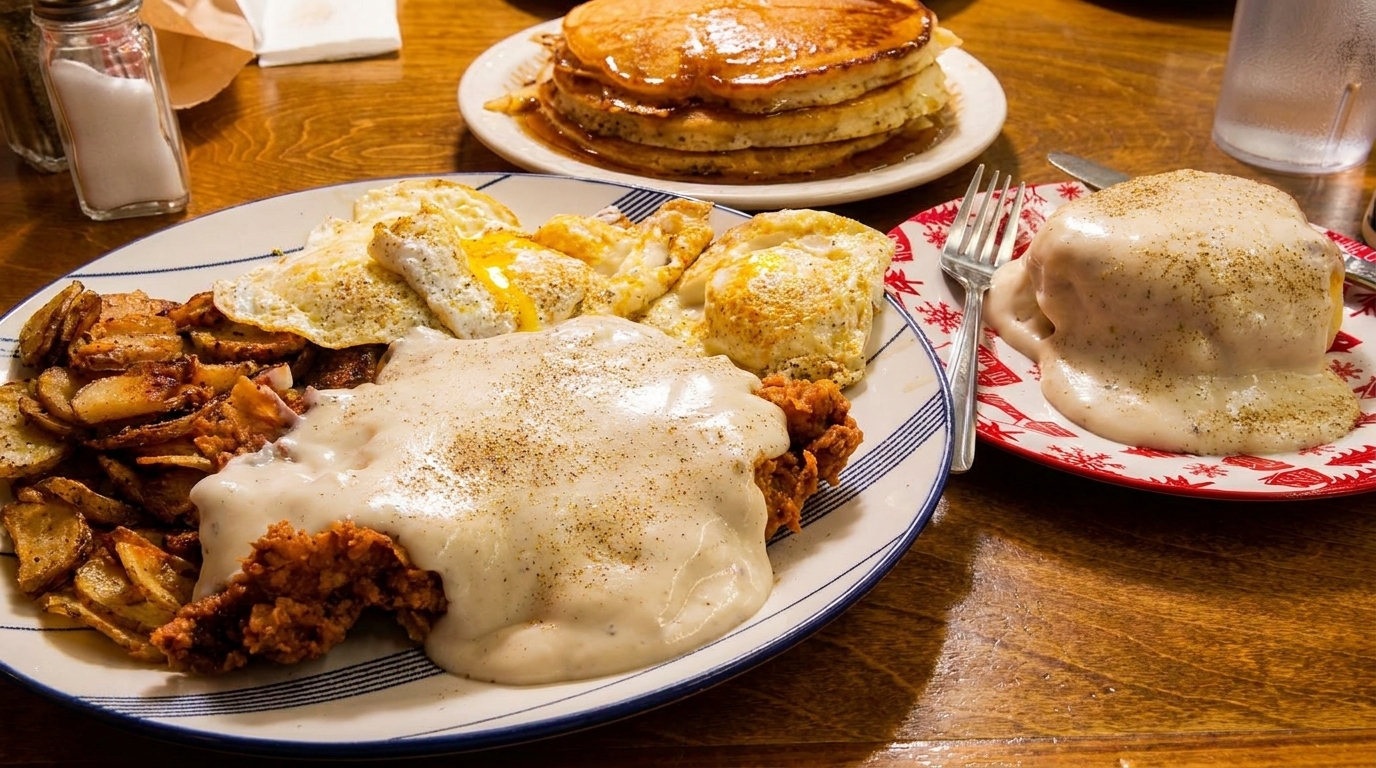 A hearty breakfast spread with chicken fried steak, eggs, home fries, pancakes, and biscuits with gravy.