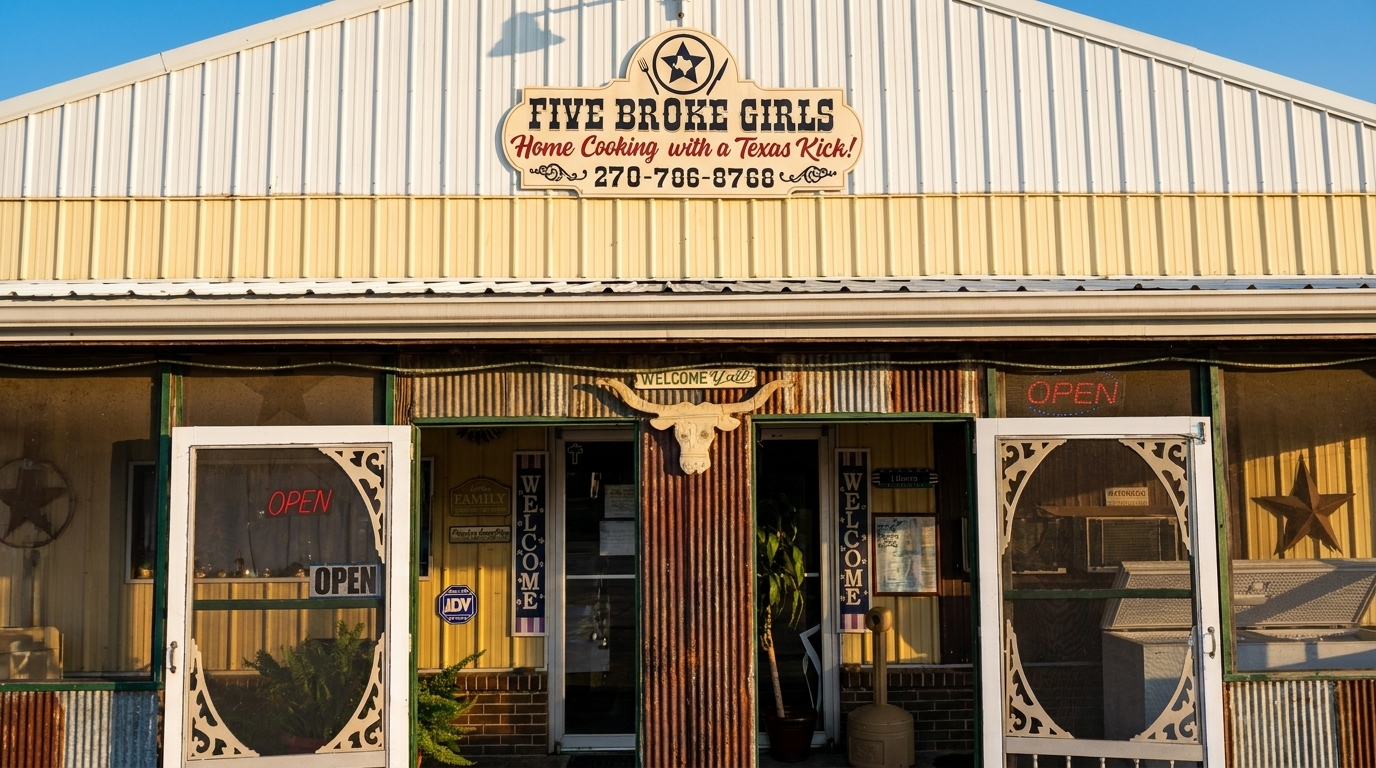 The exterior of Five Broke Girls restaurant with a "Home Cooking with a Texas Kick!" sign and open doors.