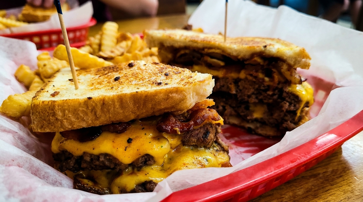 Two grilled cheese burgers with melted cheese, bacon, and crinkle-cut fries in red baskets.