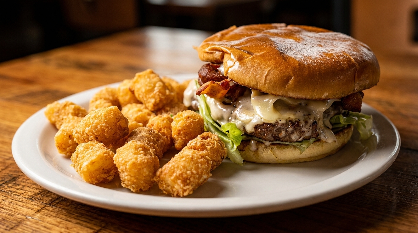 A juicy burger with melted cheese, bacon, and lettuce, served with crispy tater tots.