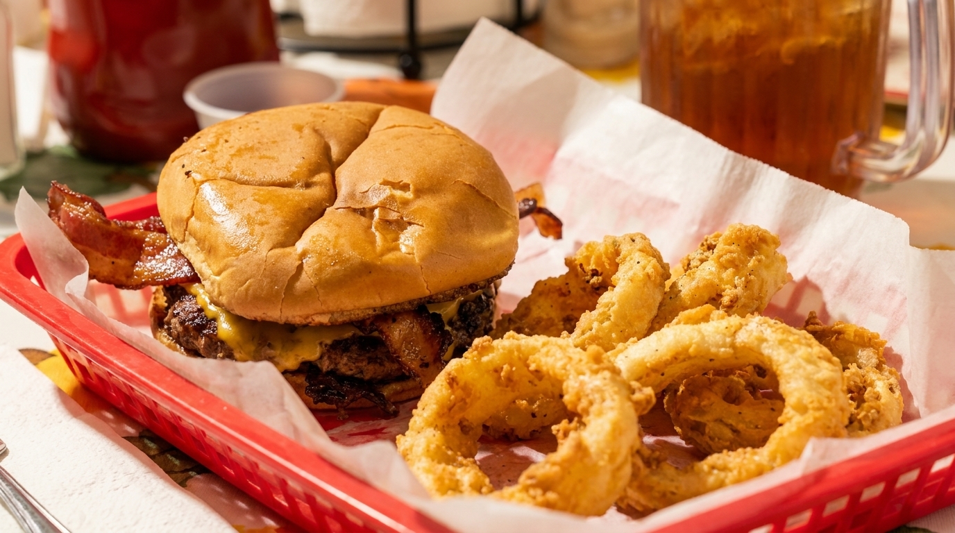 Bacon cheeseburger and crispy onion rings served in a red plastic basket with iced tea.