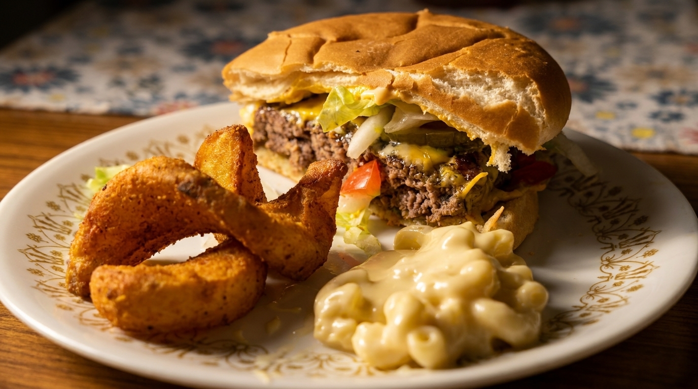 Cheeseburger with lettuce, tomato, and onion, served with potato wedges and macaroni and cheese.