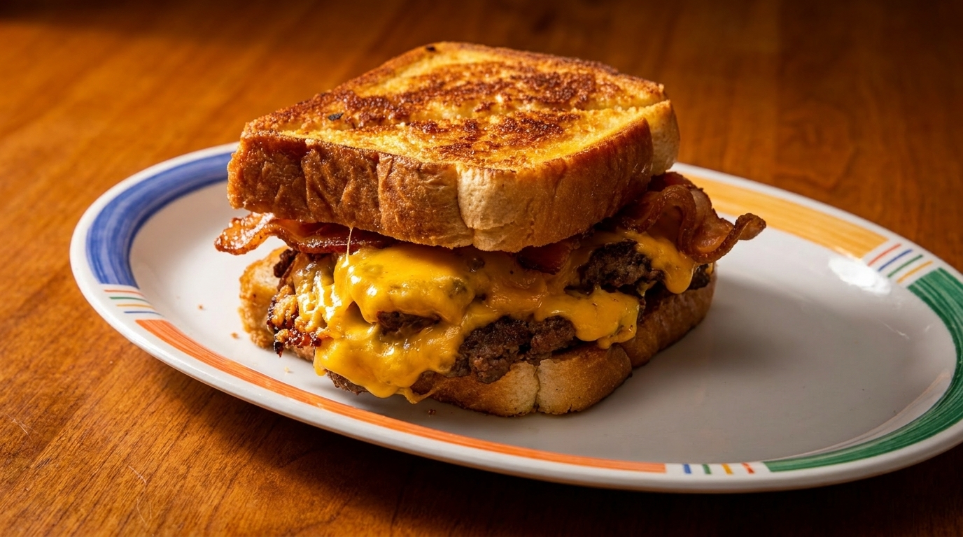 A grilled cheese sandwich with two beef patties, melted cheese, and bacon on a white plate.