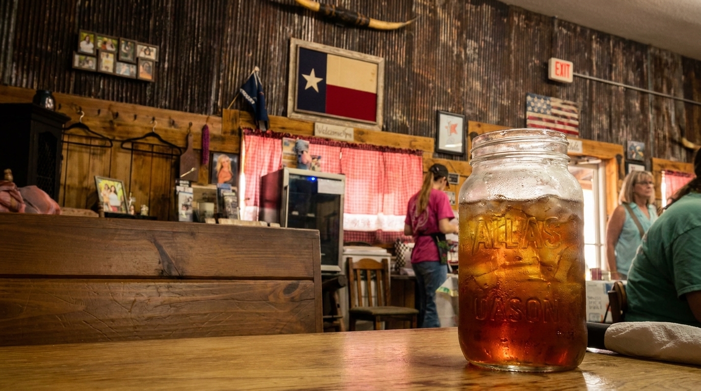 Iced tea in a mason jar on a wooden table, with a rustic restaurant interior in the background.