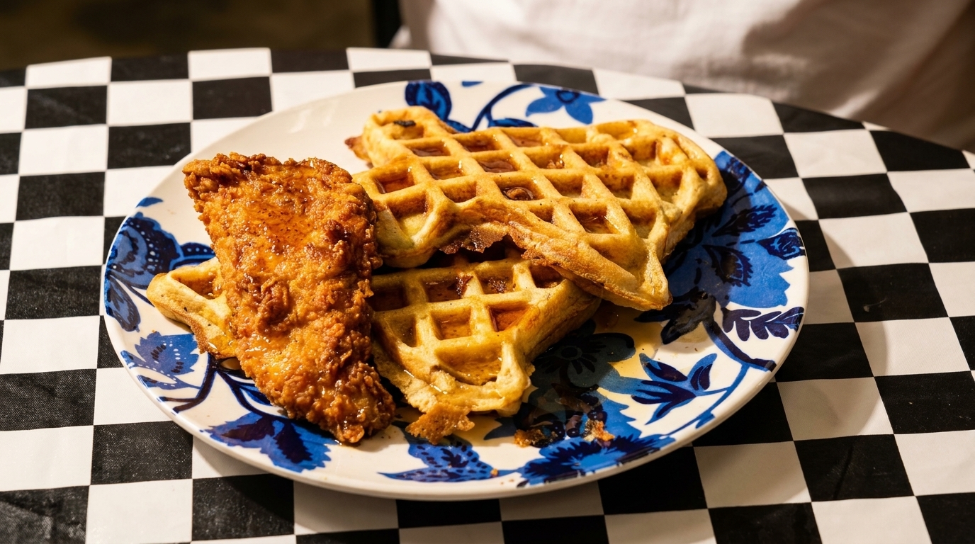 Crispy fried chicken and two golden waffles drizzled with syrup on a blue and white plate.