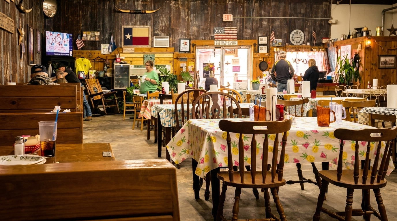 Rustic restaurant interior with wooden tables, patterned tablecloths, and people ordering food at a counter.