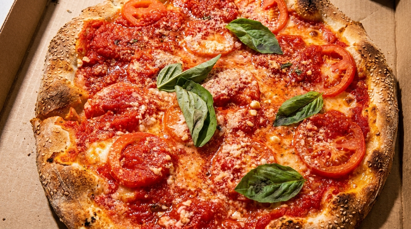 Close-up of a pizza with red sauce, sliced tomatoes, basil leaves, and grated cheese.