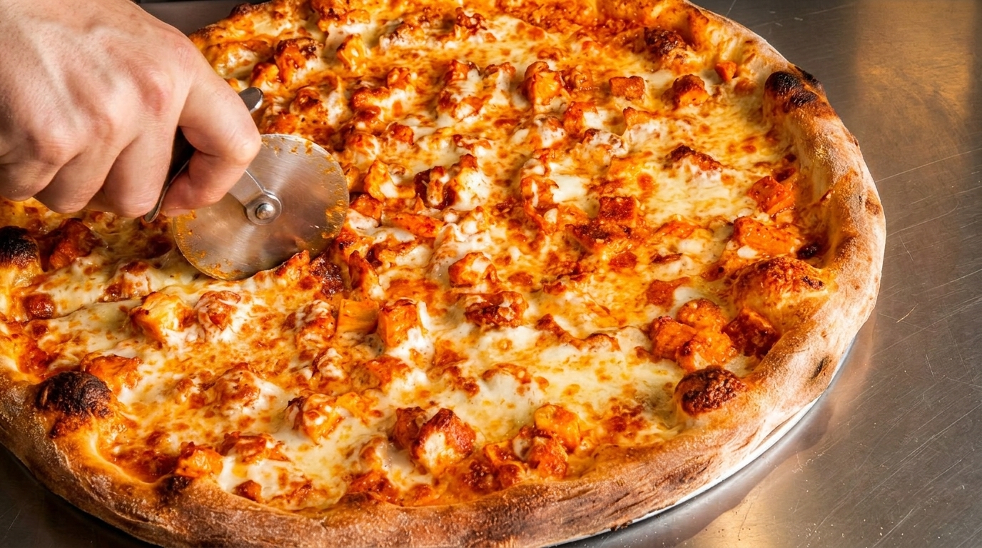 A hand uses a pizza cutter to slice a freshly baked buffalo chicken pizza with melted cheese.