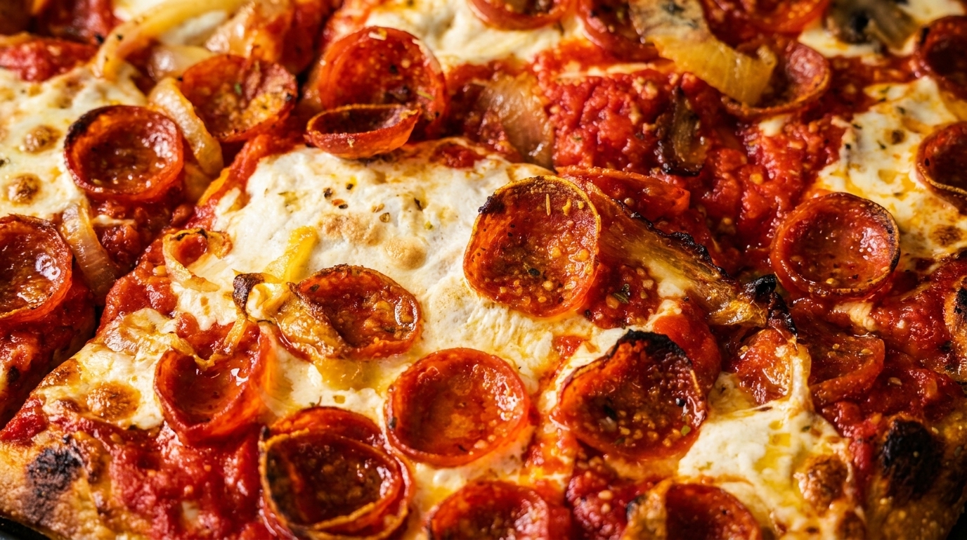 Close-up of a pepperoni pizza with melted cheese, tomato sauce, and caramelized onions.