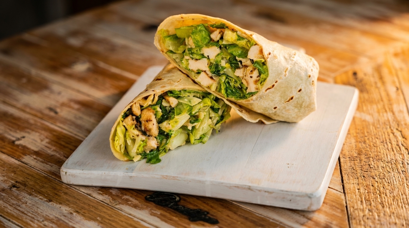 Two halves of a chicken Caesar salad wrap, filled with grilled chicken and fresh lettuce, on a white board.
