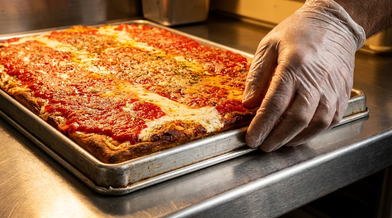 Gloved hand sliding a rectangular Detroit-style pizza with red sauce and cheese on a metal tray.