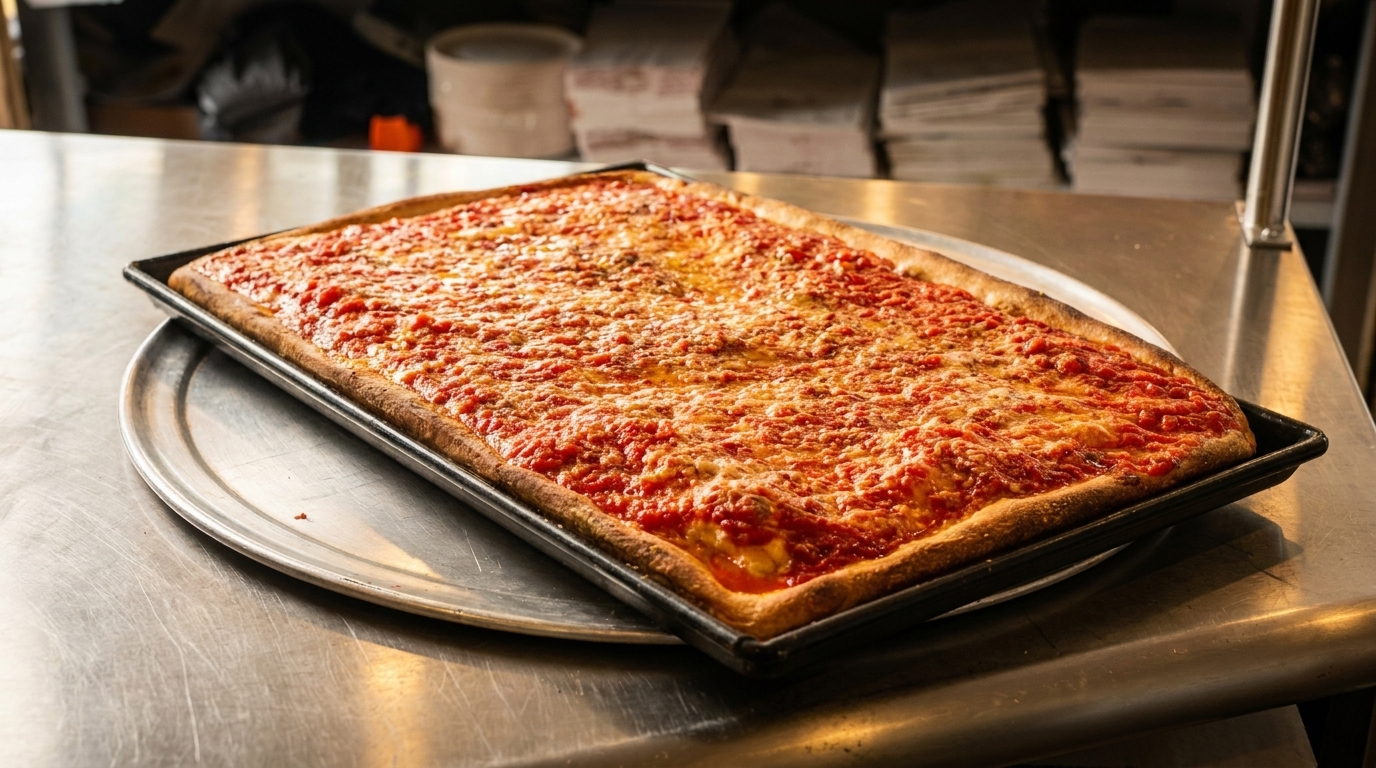 A large rectangular Sicilian pizza with red sauce and melted cheese on a metal counter.