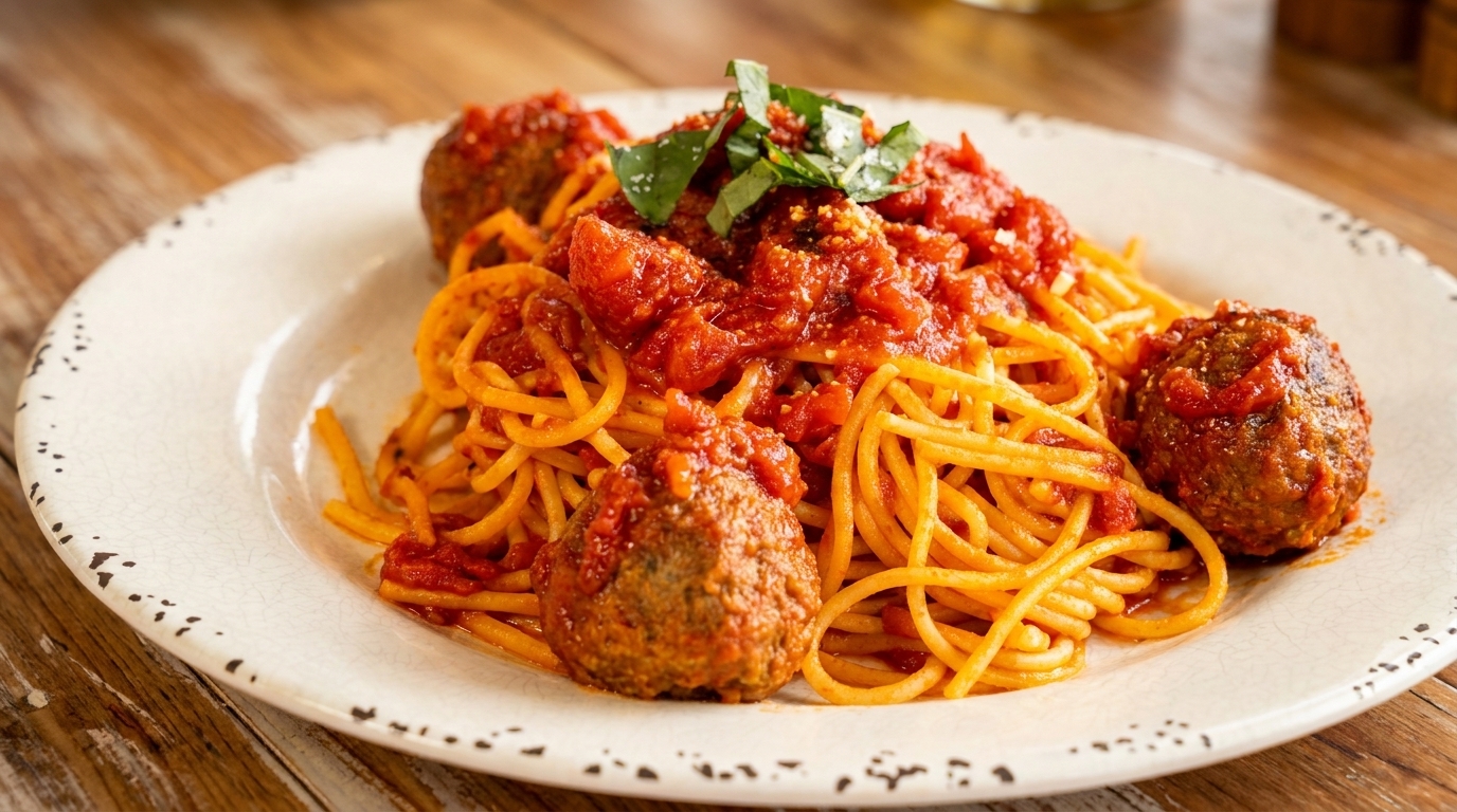 Spaghetti and meatballs with tomato sauce, fresh basil, and grated cheese on a white plate.