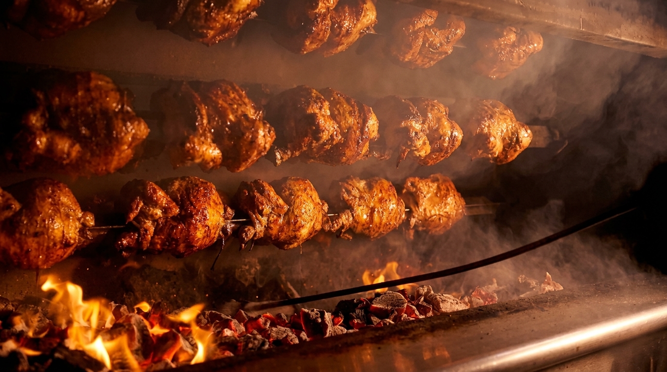 Rotisserie chickens cooking over an open flame with smoke rising, showcasing crispy skin.